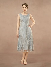 cheap Dress Sets-A-Line Mother of the Bride Dress Two Pieces Elegant Jewel Neck Tea Length Lace 3/4 Length Sleeve with Embroidered Lace Applique 2025