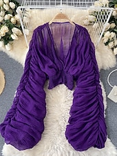 billiga Dressiga toppar-Dam Blus Chiffong toppar Slät Stylish Långärmad Puffärm V-hals Crop Tops Helgdag Utekväll Rynkad Svart Vit Purpur Grön Vår