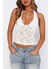 levne Krajkové topy-Dámské Tričko Halenka Bez vzoru Módní Na běžné nošení Bez rukávů Do V Crop Tops Víkend Krajka Slátanina Černá Bílá Fialová Léto