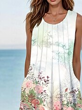 preiswerte Blumenkleider-Damen Midikleid Trägerkleid Sommerkleid Faltenkleid Elegant Urlaub Boho Urlaub Täglich Strand Normale Passform Ombre Blumen Grafik Ärmellos Rundhalsausschnitt Hellgrün Sommer Frühling