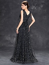 economico VERDE-Abito da sera a linea A abito scintillante formale per matrimonio lunghezza fino a terra senza maniche scollo a V tulle con glitter