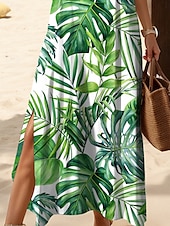 ieftine Rochii florale-Pentru femei Rochie Maxi Rochie de Vară Rochie A line Vacanță Casual Fit regulat Grafic Frunză Tropical Manșon scurt În V Trifoi Vară Primăvară