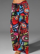 baratos Calça de linho de algodão simples-Mulheres Calças de linho de algodão Calças Calça Palazzo Moda Roupa de rua Comprimento total Natural Floral Estampado Design de cordão elástico Confortável Exterior Rua Roupa Diária Para Noite