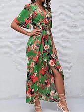 preiswerte Blumenkleider-Damen Midikleid Corsagenkleider A Linie Kleid Figurbetontes Kleid Urlaub Ausgestellter Ärmel Urlaub Täglich Strand Regular Fit Graphic Kurzarm V Ausschnitt Blau Grün Sommer