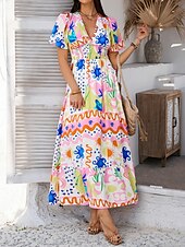 levne Umění a design šaty-Dámské maxi šaty A-line šaty vypasované a rozšířené šaty šaty s nadýchanými rukávy volnočasové dovolená denní běžné střih květinové krátký rukáv V výstřih bílé růžové fialové oranžové léto