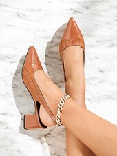 cheap Block Heels-Women&#039;s Patent Leather Pointed Toe Slingback Heels – Elegant Croc-Embossed Block Heel Pumps for Office, Party and Formal Events