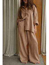 cheap Essential Faux Co-ord Sets-Women's Shirt Two Piece Sets Pants Sets Long Sleeve Shirt Collar Solid Color Dubbele Rij Knopen Fashion Basic Vacation Casual Daily White Red Dark Navy Summer Regular Fit