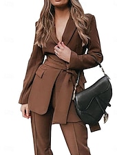 cheap Mom&#039;s Pant Suits-Pantsuit Mother of the Bride  Elegant Shirt Collar Ankle Length Polyester Long Sleeve with Solid Color 2025