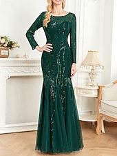 economico NERO-Abito madre della sposa abito elegante festa collo a giro lunghezza a terra cotone misto maniche lunghe con paillettes 2025