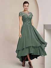 economico Lunghezza del pavimento-Abito A-line Madre della Sposa Abito Ospite di Matrimonio Formale Elegante Alto-Basso Collo a Barchetta Asimmetrico Lunghezza Tea Chiffon Pizzo Manica Corto con Applicazioni in Paillettes 2025 taglia