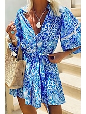 abordables Robes Bohémiennes-Femme Mini robe Robe imprimée Mode du quotidien Vacances Rendez-vous Standard Fleur Manches 3/4 Col V Bleu Eté