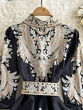 abordables Robes Bohémiennes-Femmes Robe Midi Robe bohème Mode Fête Sortir Week-end Coupe régulière Fleur manche longue Col de chemise Noir Bleu Abricot Été