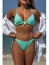 olcso Bikiniszettek-Női Fürdőruha Bikini 2 darab Fürdőruha Nyitott hátú Tropikus Strandruházat Sima Kötőfék nyaka Ujjatlan Fürdőruhák