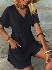 abordables grenouillère-Rompers pour femmes couleur unie manches courtes col en V poches vacances quotidien coupe régulière noir vert abricot été