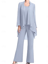 economico Sotto 129,99 $-Pantaloni Abito Madre della Sposa Ospite Matrimonio Elegante Semplice Collo Gioiello Lunghezza del Pavimento Chiffon Manica Lunga con Colore Solido