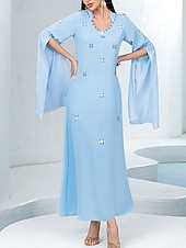 preiswerte Unter 129,99 $-Blaue Glitzer Mutter der Braut Kleid Elegantes Hochzeitsgastkleid V-Ausschnitt Maxi-Länge Chiffon Lange Ärmel mit Kristallen