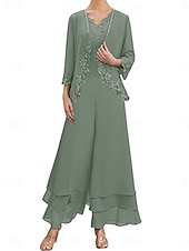 economico Tailleur pantalone della mamma-Set di Abiti Madre della Sposa Abito Ospite di Matrimonio Elegante Semplice V Collo Lunghezza Piena Poliestere Maniche Lunghe con Ricamo