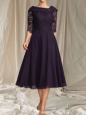 preiswerte Teelänge-A-Linie Brautmutterkleid Hochzeitsgast Elegante gewellte Ausschnitt Tee-Länge Chiffon Spitze Halbarm mit Spitze Perlen Midi Kleid 2025