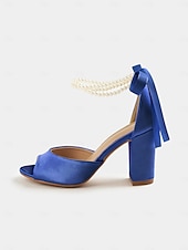 abordables Sandalias de Vestir-Sandalias de satén con punta abierta y tacón cuadrado para mujer con tira de perla en el tobillo: elegantes zapatos de cóctel.