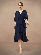cheap Cocktail Dress-A-Line Mother of the Bride Dress Wedding Guest Elegant V Neck Floor Length Chiffon Half Sleeve with Bow(s) Cascading Ruffles Solid Color 2025