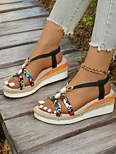 preiswerte Espadrillesandalen-Damen-Boho-Plateau-Keilsandalen – geflochtene Riemchensandalen mit Edelsteinakzenten für Freizeit, Strand und Urlaub