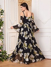 preiswerte Unter 129,99 $-Kleid Mutter der Braut Kleid Elegant Lässig V-Ausschnitt Bodenlange Chiffon Langarm mit Band  Bänder Falten Hochzeitsgast Kleid