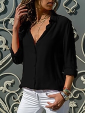 cheap Women&#039;s Plain Tops-Women&#039;s Shirt Solid Color Stylish Basic Casual Long Sleeve Shirt Collar Regular Tops Work Daily Buttons Black White Yellow Light Blue Summer Spring