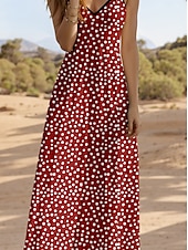 economico Arte &amp; Design Abiti-Abito Maxi Donna Abito estivo Abito a A Abito sottoveste Vacanza Casual Quotidiano Spiaggia Taglio Regolare Grafico Pois Senza maniche V Collo Bordeaux Estate Primavera