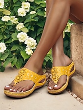 tanie Wygodne sandały-damskie sandały na koturnie z wkładką masującą – kwiatowe, boho japonki na co dzień, na lato, na plażę i na zewnątrz