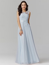 preiswerte Ballkleid-A-Linien Abendkleid elegantes Kleid Hochzeitsgast Abiball bodenlang ärmellos Illusionshals Brautjungfernkleid Georgette mit Applikationen