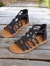 cheap Vacation Sandals-Women&#039;s Black Gladiator Sandals – Strappy Flat Summer Sandals for Casual, Beach, and Boho Chic Outfits