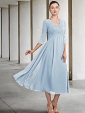 cheap Floor Length-A-Line Mother of the Bride Dress Wedding Guest Elegant Plus Size V Neck Tea Length Chiffon Lace 3/4 Length Sleeve with Ruffles Appliques 2025 free custom size