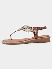 baratos Mulheres-sandálias femininas estilo boho marrom enfeitadas – calçados de tiras baixas adornados com cristais para festivais de verão, viagens à praia e reuniões casuais