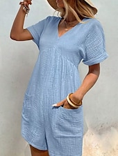 abordables grenouillère-Rompers pour femmes couleur unie manches courtes col en V poches vacances quotidien coupe régulière noir vert abricot été