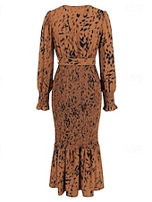 preiswerte abendkleider-Damen Midikleid Cocktailkleid Etui-Kleid Mode Urlaub Ferien Teegesellschaft Normale Passform Leopard Langarm V Ausschnitt Schwarz Khaki Aprikose Sommer