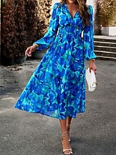 cheap Floral Dress-Women&#039;s Midi Dress A Line Dress Fit And Flare Dress Puff Sleeve Dress Vacation Casual Vacation Daily Regular Fit Graphic Long Sleeve V Neck Red Blue Green Apricot Summer