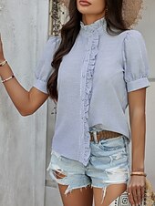 voordelige Dames eenvoudige tops-Dames Overhemd Gestreept Stijlvol Casual Korte mouw Overhemdkraag Normale tops Dagelijks Ruche Knop Afdrukken Wit Blozend Roze blauw Groen Zomer