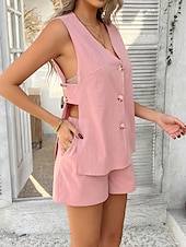 cheap Sets-Women&#039;s Active Basic Linen-Inspired Sets Two Piece Sets Vest Sleeveless V Neck Solid Color Casual Daily Black White Pink Summer Regular Fit