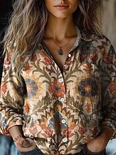 billige Kvinne Boho Topper-Dame Skjorte Grafisk Fritid Langermet Skjortekrage Vanlige topper Arbeid Daglig Knapper Trykt mønster Rød Blå Grønn Kakifarget Vår Høst Vinter