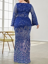 baratos AZUL-Vestido Plus Size Mãe da Noiva Vestido de Curvas Elegante Festa Decote em V Comprimento do Chão Spandex Manga Longa com Lantejoula 2025