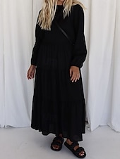 economico disegnare abiti in cotone e lino-Per donna Abito Midi Abiti ispirati al lino Abito in cotone e lino Moda Moderno All&#039;aperto Ferie Uscire Vestibilità regolare Semplice Manica Lunga Girocollo Nero Bianco Rosso Estate