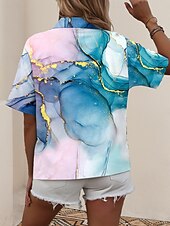 economico Top d&#039;Arte e Design per Donne-Camicia da donna a maniche lunghe con colletto a bottoni grafica marmo quotidiana stilosa camicia a maniche corte colletto regolare top quotidiani blu estate primavera
