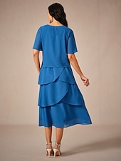preiswerte abendkleider-Damen Knielanges Kleid Chiffonkleid Elegant Stilvoll Fließend Hochzeit Hochzeitsgast Lässiger Schnitt Einfarbig Kurzarm V Ausschnitt Königliches Blau Sommer Frühling