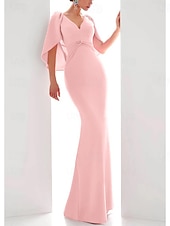 abordables ROUGE-Robe de soirée en ligne élégante robe formelle automne longueur au sol à manches courtes décolleté en V en chiffon extensible avec volants froncés 2025