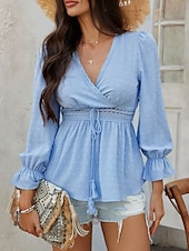 billige Kvinne Enkle Topper-Kvinners Bluse Boho Skjorte Enfarget Stilfull Avslappet Langermet V-Hals Vanlige Topper Daglig Lappverk Utskjæring Sort Hvit Blå Aprikos Sommer Vår