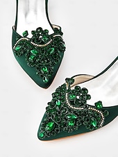 abordables Officiel-ballerines à bout pointu ornées de pierres précieuses vertes – chaussures de mariage et de soirée pour femmes de style vintage