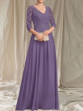 economico Lunghezza del pavimento-Linea ad A Abito da cerimonia per signora Ospite di nozze Elegante Scollo a V Lunghezza al pavimento Chiffon Manica 3/4 con Perline Applicazioni 2025