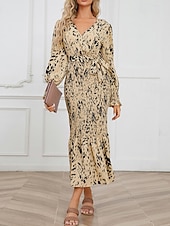 preiswerte abendkleider-Damen Midikleid Cocktailkleid Etui-Kleid Mode Urlaub Ferien Teegesellschaft Normale Passform Leopard Langarm V Ausschnitt Schwarz Khaki Aprikose Sommer