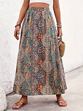 cheap Graphic Skirts-Women&#039;s Skirt A Line Swing Casual Boho Maxi High Waist Skirts Graphic Paisley Print Split Ends Vacation Holiday Blue Purple Summer Polyester