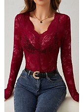 preiswerte Spitzenoberteile-Damen Spitzenhemd Bluse Glatt Stilvoll Langarm V Ausschnitt Normale Oberteile Täglich Ausgehen Spitze Schwarz Weiß Wein Sommer